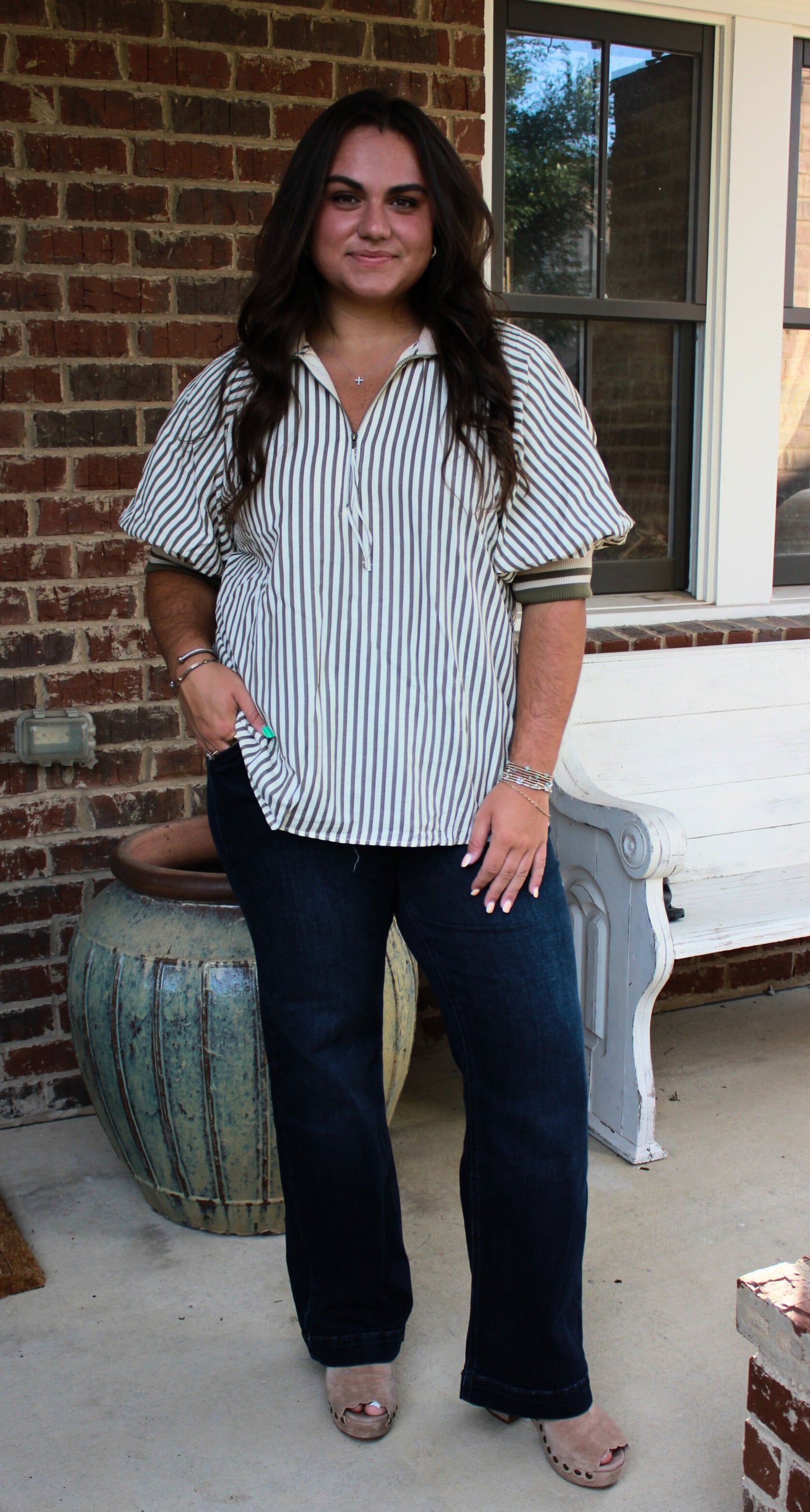 Half Zip Striped Top- Olive