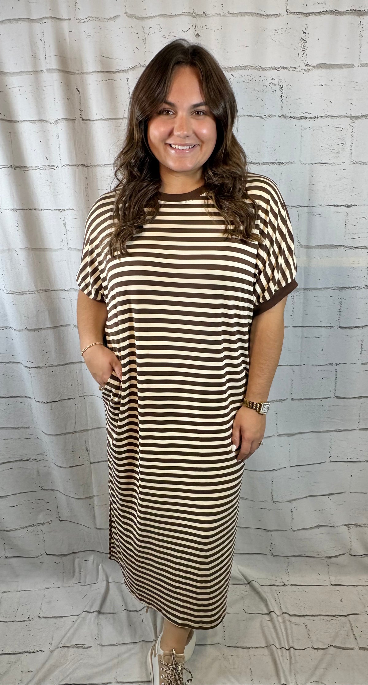 In Motion Maxi T-Shirt Dress - Brown & Cream