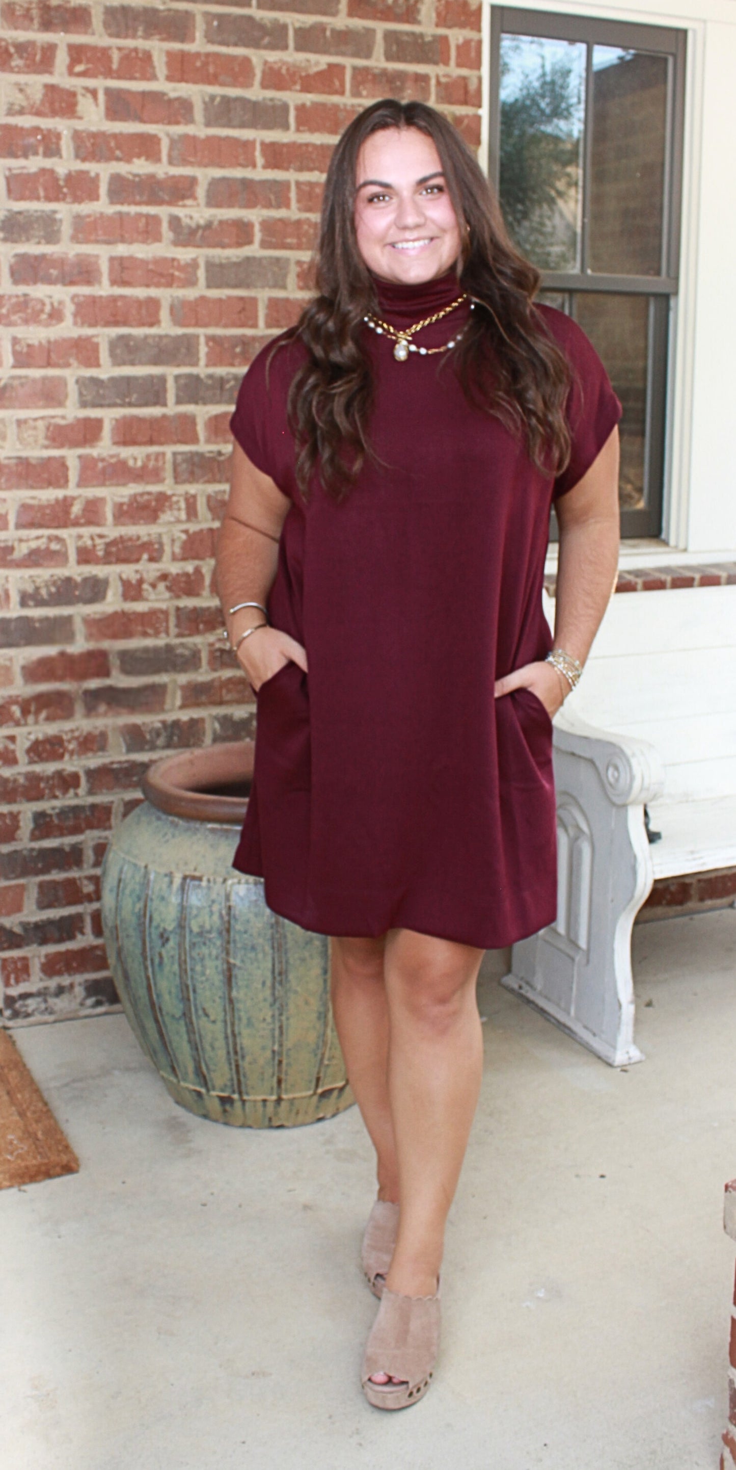 Mock Neck Dress- Wine