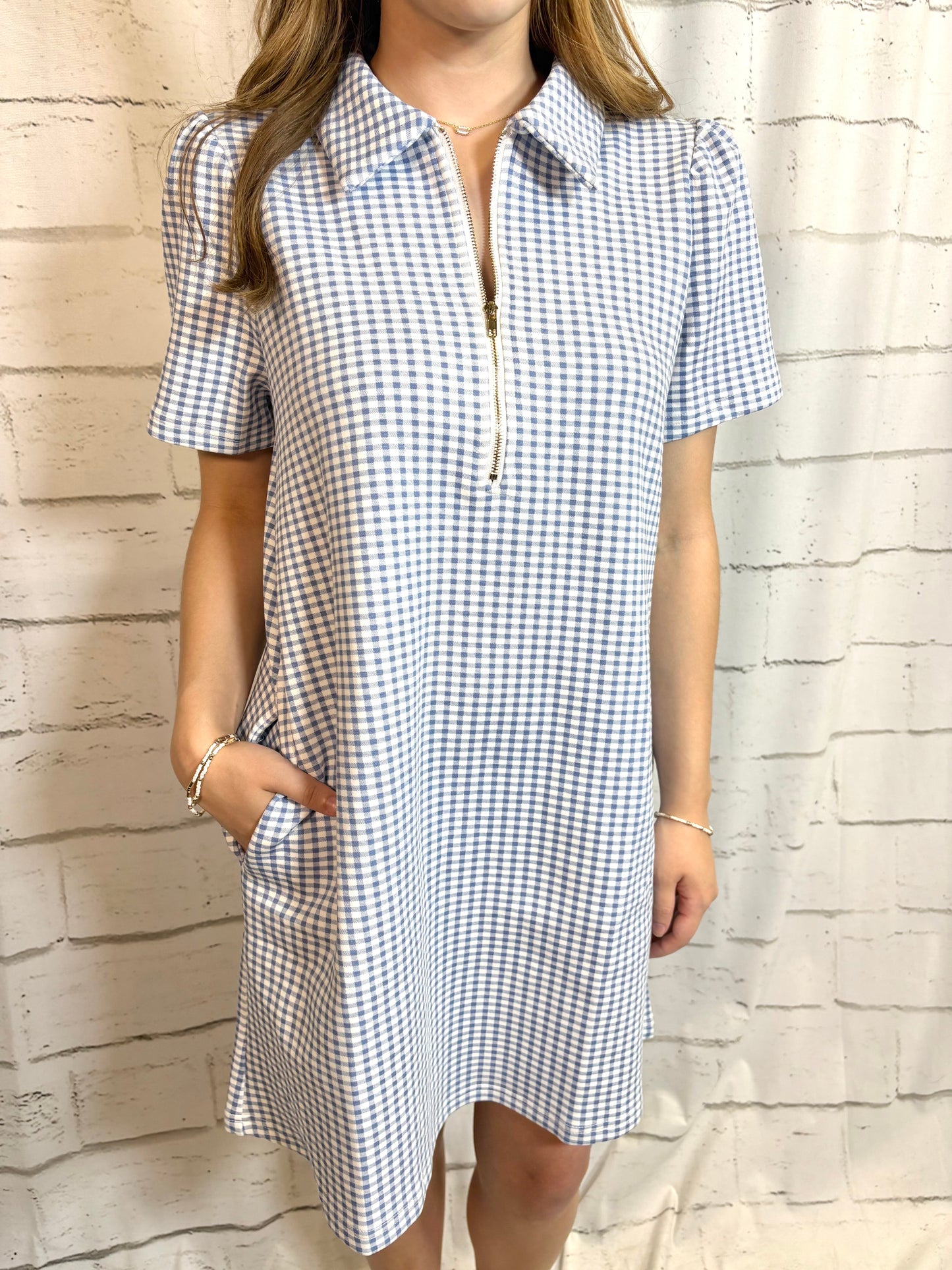 Gingham Short Sleeve Zip Dress
