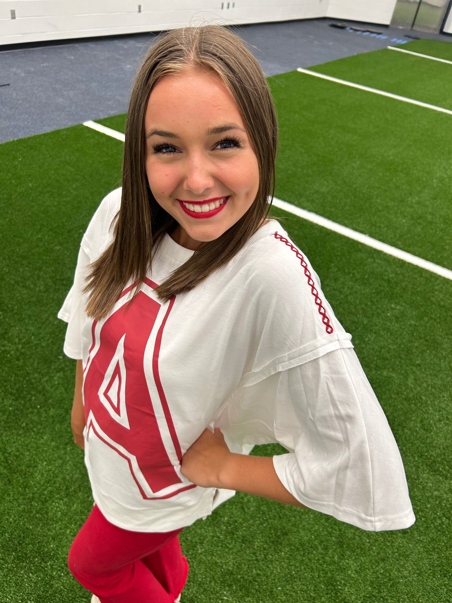 Detailed Letterman Top- Crimson