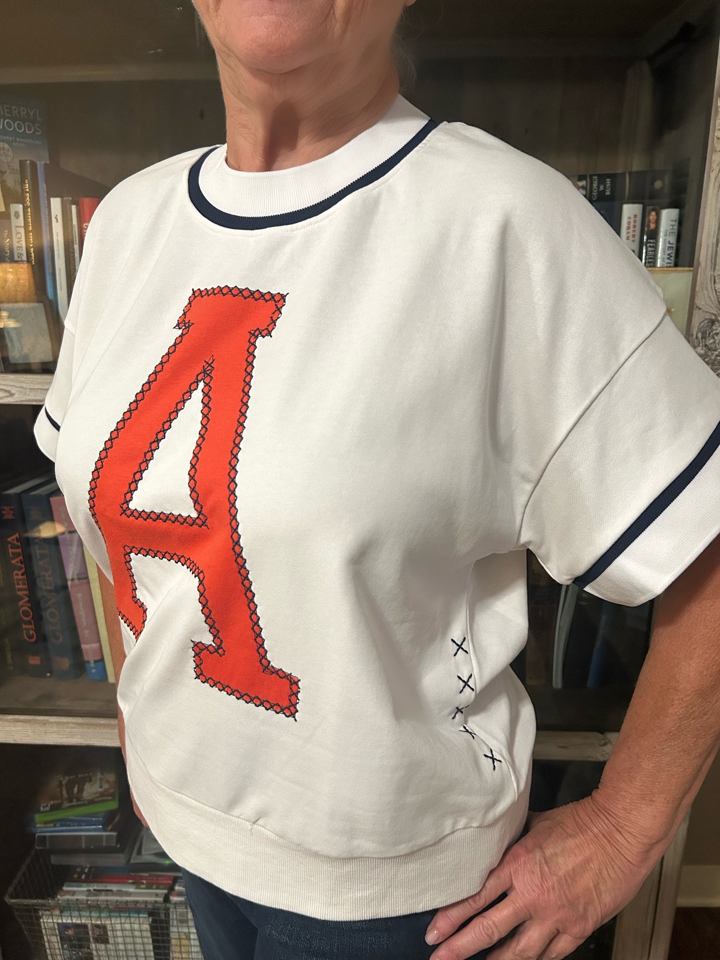 Detailed Letterman Top- Navy