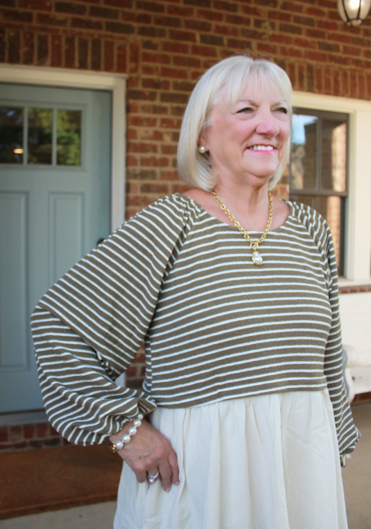 The Dawn Dress in Olive Stripe