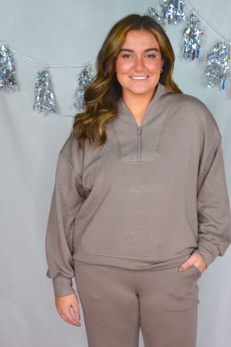 Rae Mode Solid Scuba Fabric Quarter Zip Mocha Top