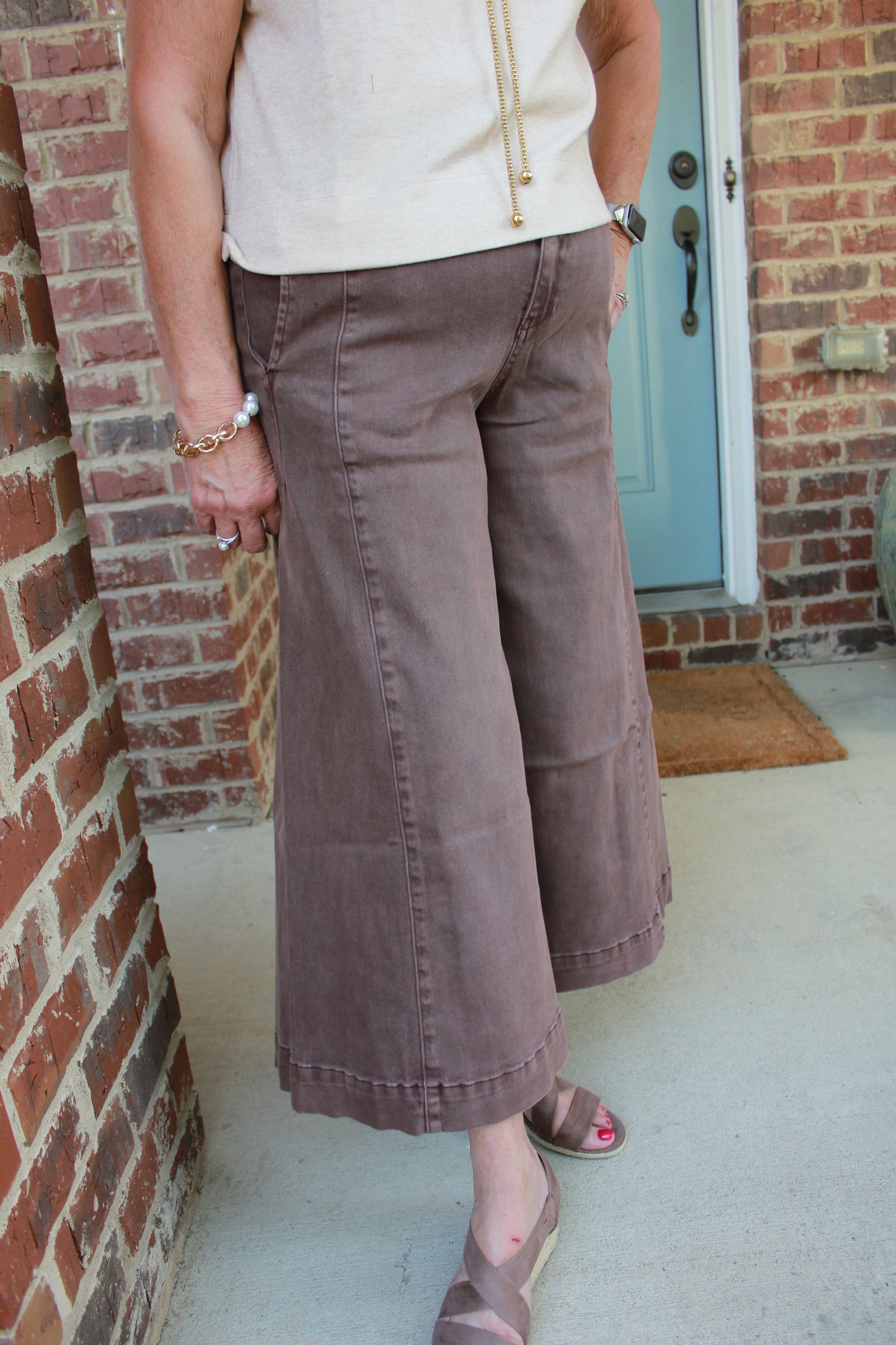 High Rise Cropped Wide Leg Denim- Mahogany
