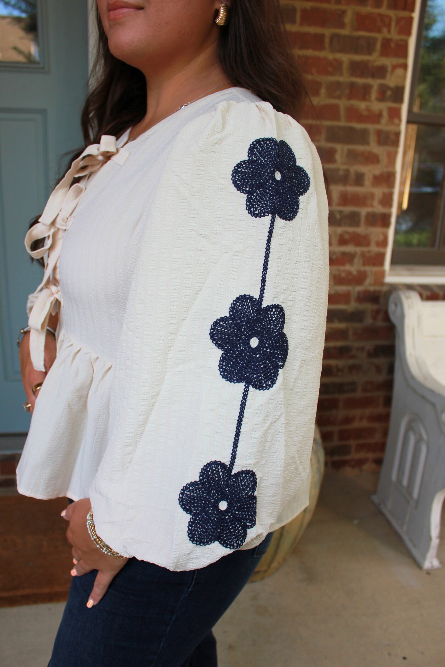 Flower Embroidery Peplum Bow Tie Top