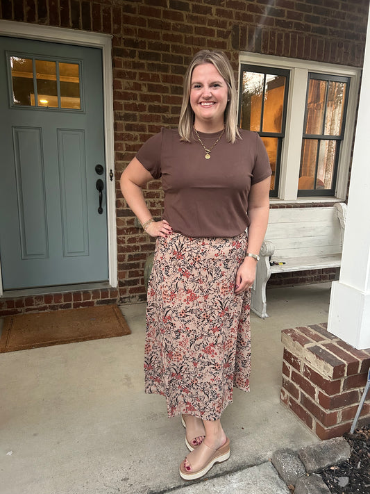 Vintage Floral Silk Midi Skirt
