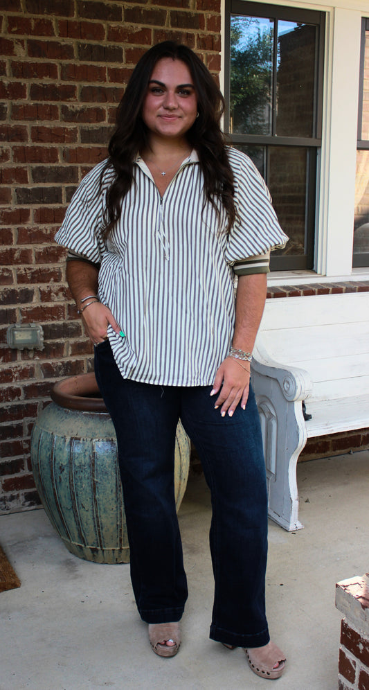 Half Zip Striped Top- Olive