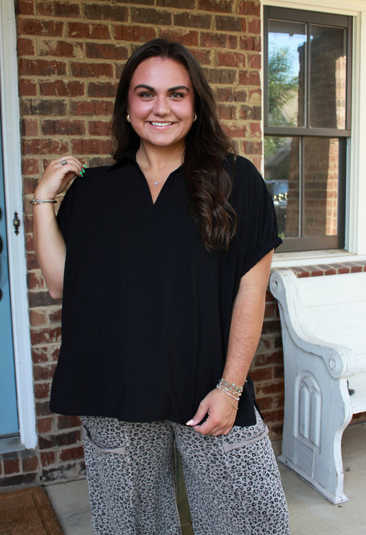 Solid Split Collar Top- Black