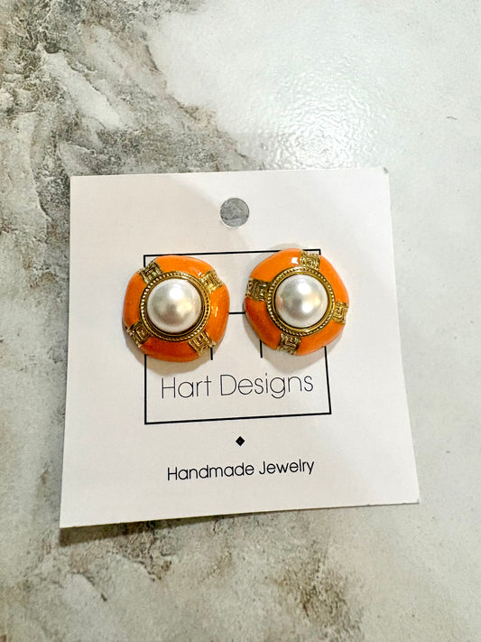 Painted & Pearls Earrings - Orange Circles