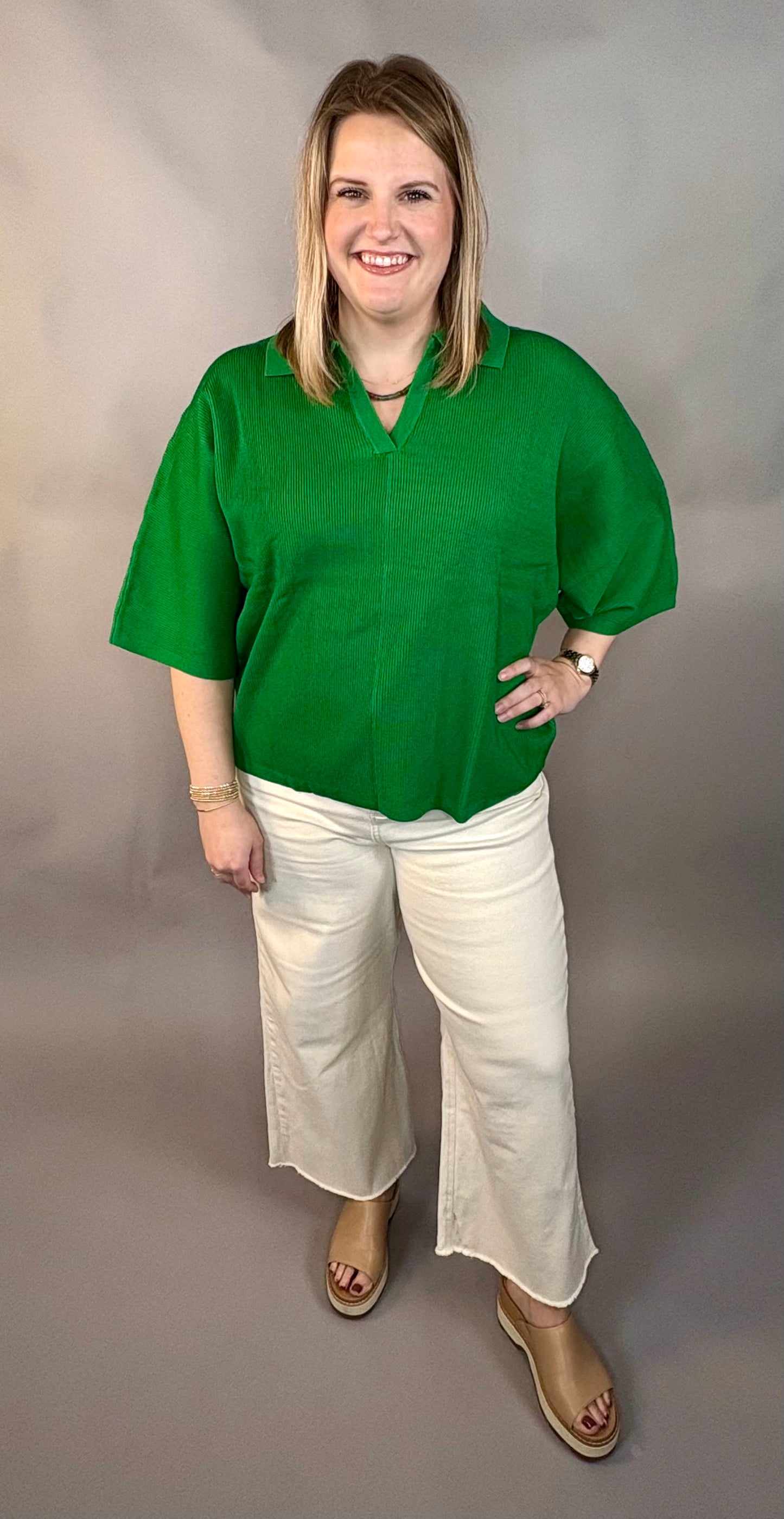 Clover Green Ribbed V Neck Sweater