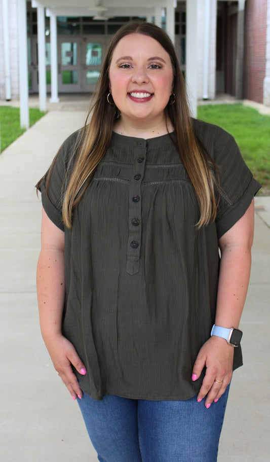Eyelet Trim Half Button Top
