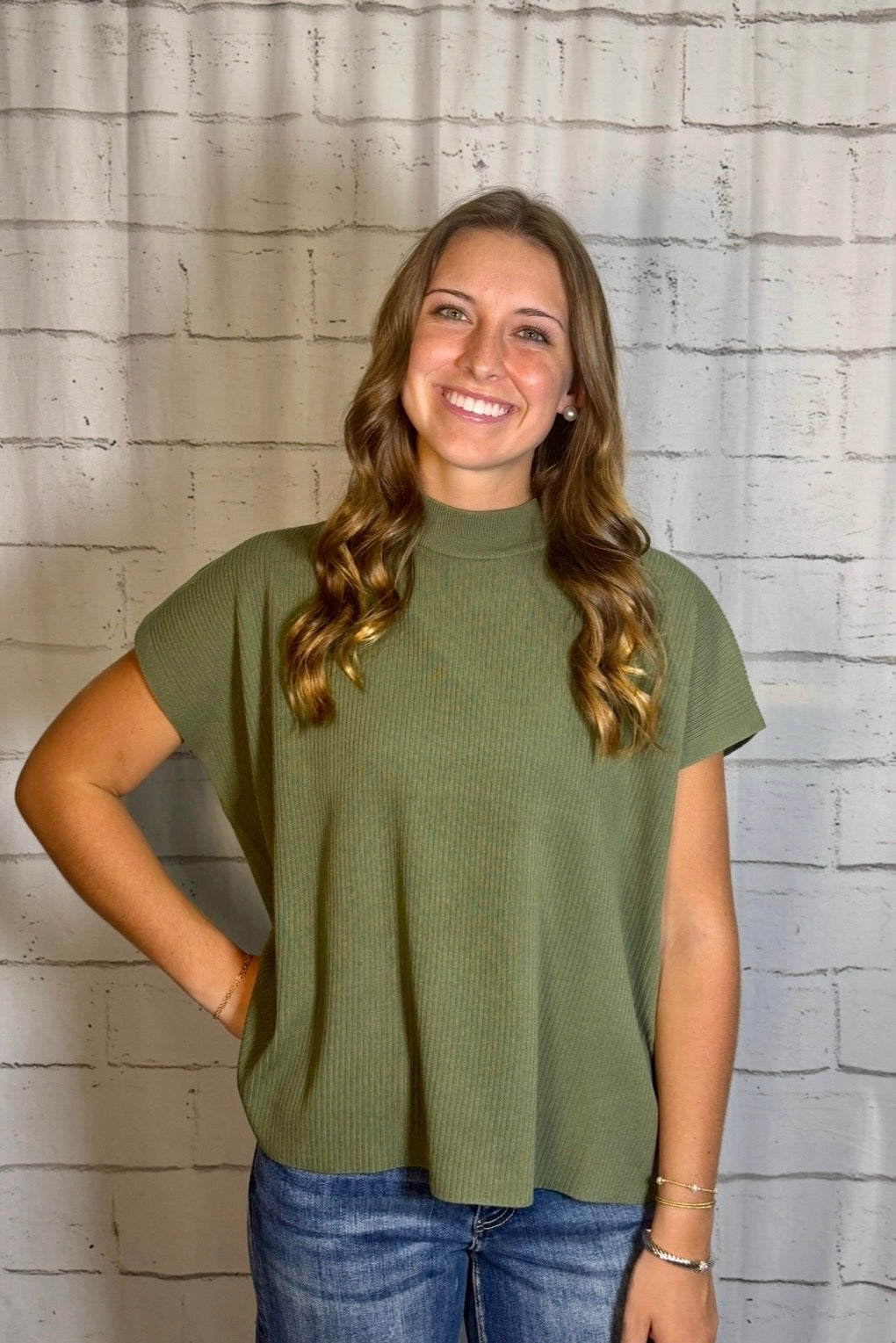 Ribbed Mock Neck Sweater- Olive
