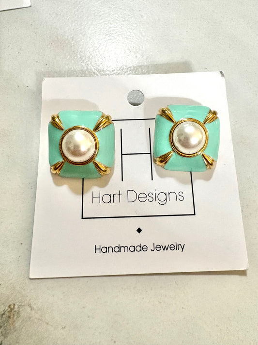 Painted & Pearls Earrings - Blue Squares
