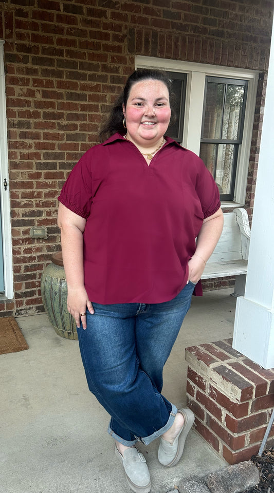 Solid Split Collar Top- Burgandy