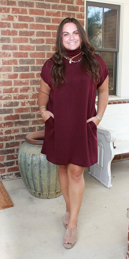 Mock Neck Dress- Wine