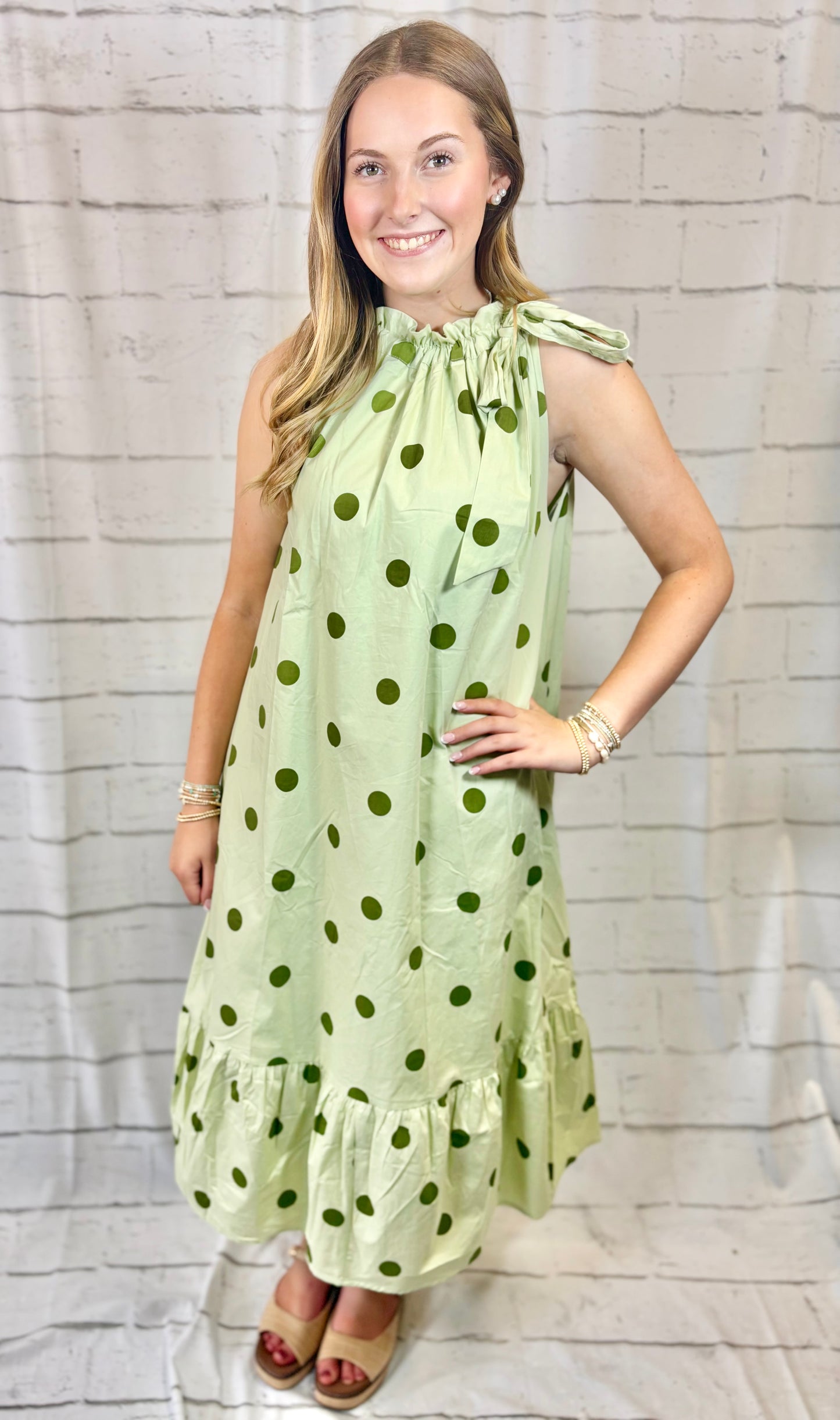 Polka Dot Midi with Ruffle Tie Top