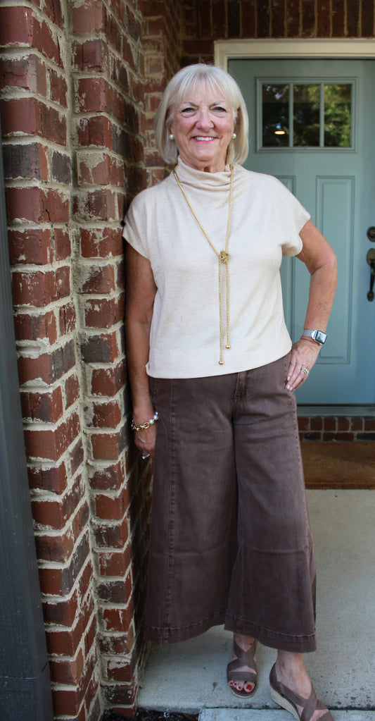 High Rise Cropped Wide Leg Denim- Mahogany