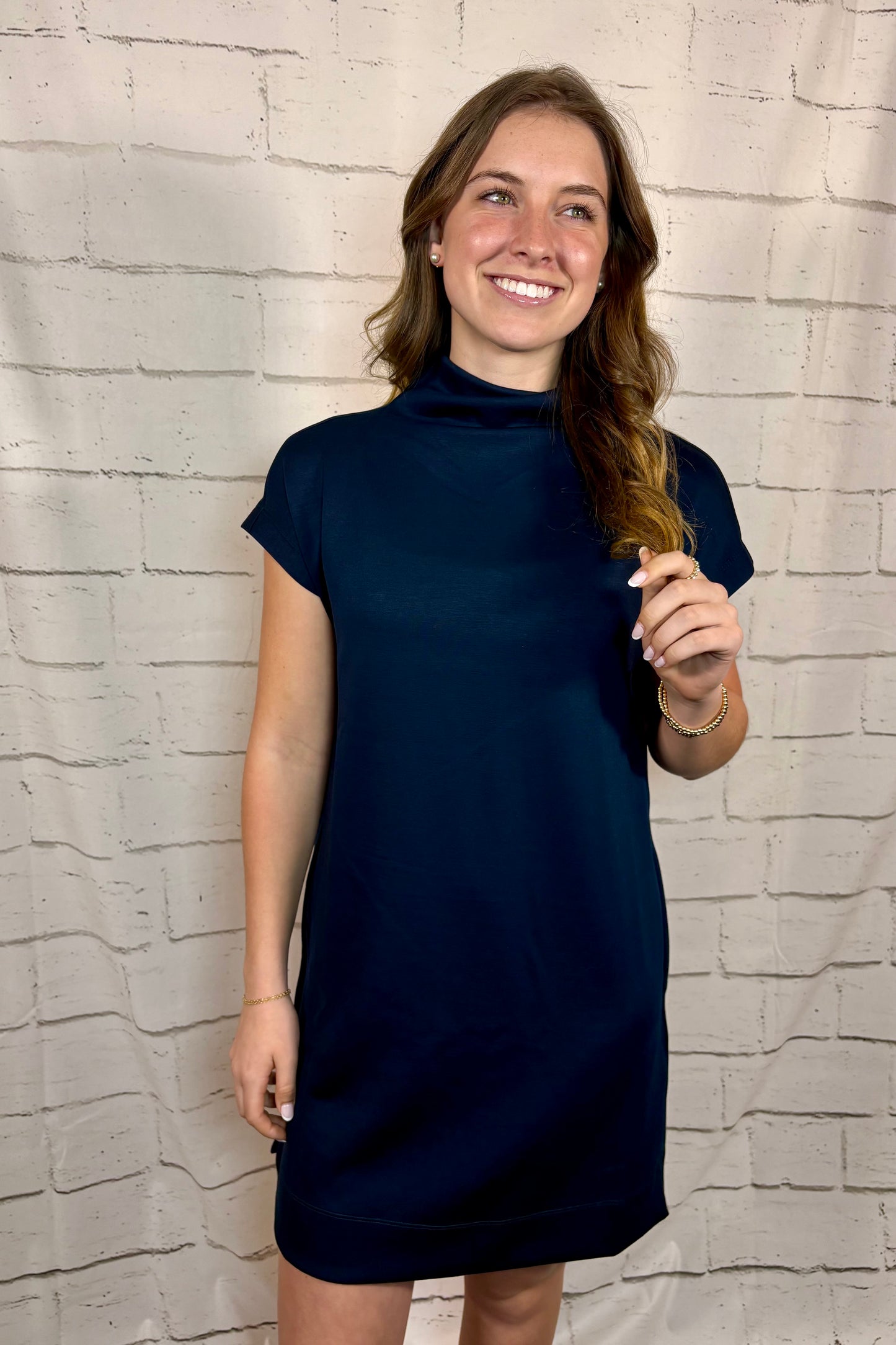 Mock Neck Dress-Navy