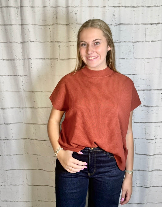 Ribbed Mock Neck Sweater- Rust