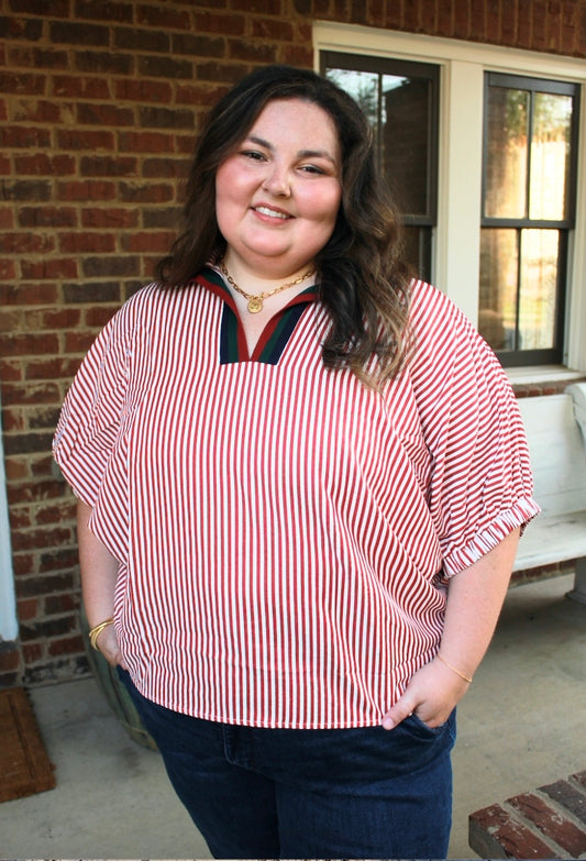 Twice the Stripes Top- Brick