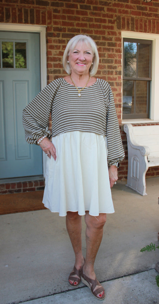 The Dawn Dress in Olive Stripe