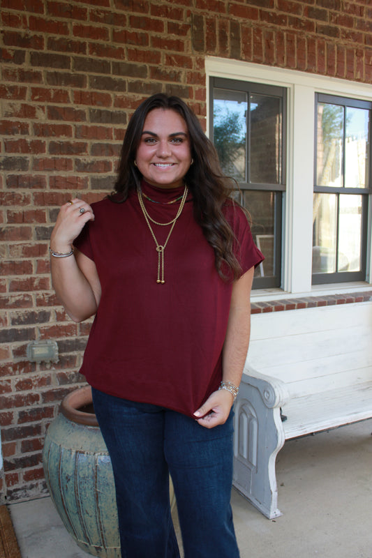 Mock Neck Top- Merlot
