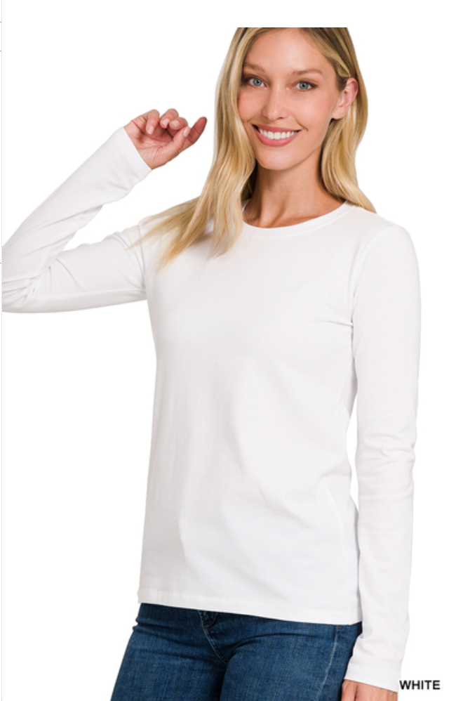 Cotton Crew Neck Long Sleeve Top-White