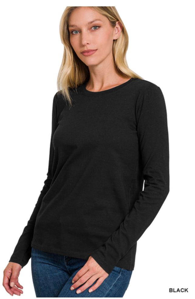 Cotton Crew Neck Long Sleeve Top- Black