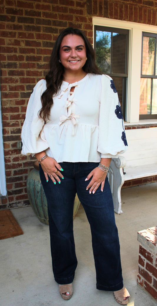 Flower Embroidery Peplum Bow Tie Top